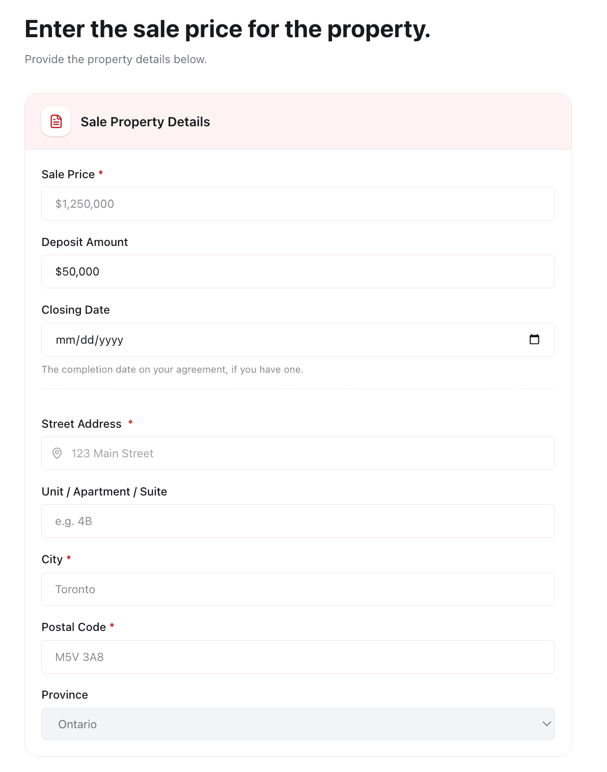 Sale price, deposit, closing date and property address