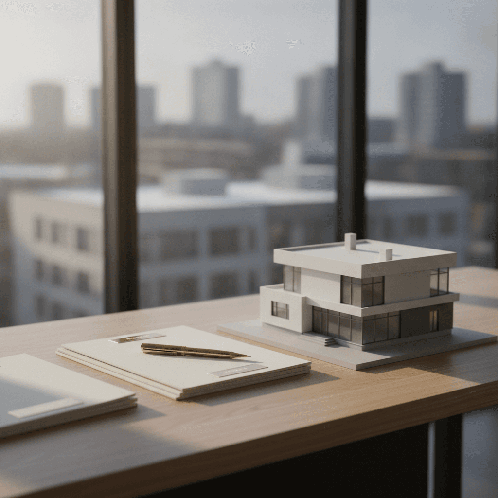 An elegant, sunlit desk featuring a minimalist architectural home model and organized legal folios symbolizing clear real estate guidance.