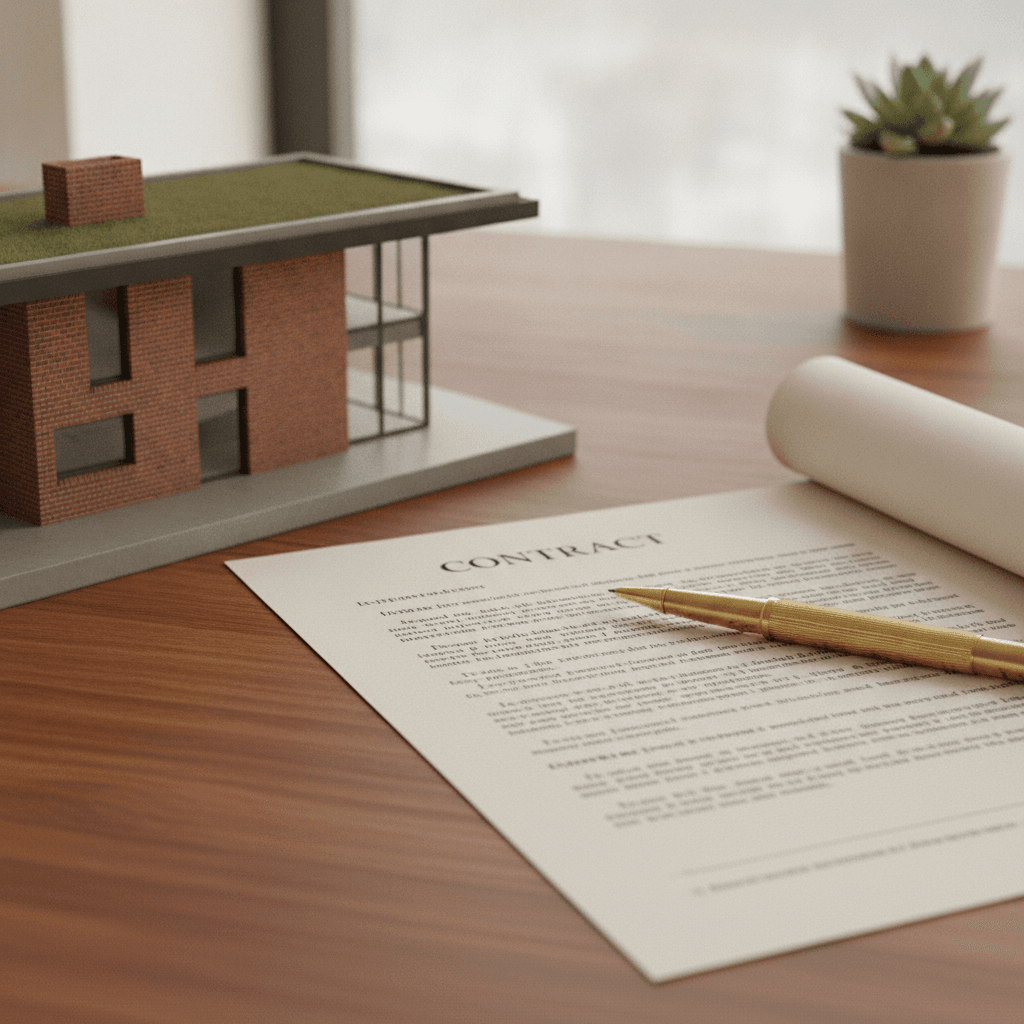 A refined editorial still life featuring an architectural home model and an annotated legal agreement on a walnut desk.