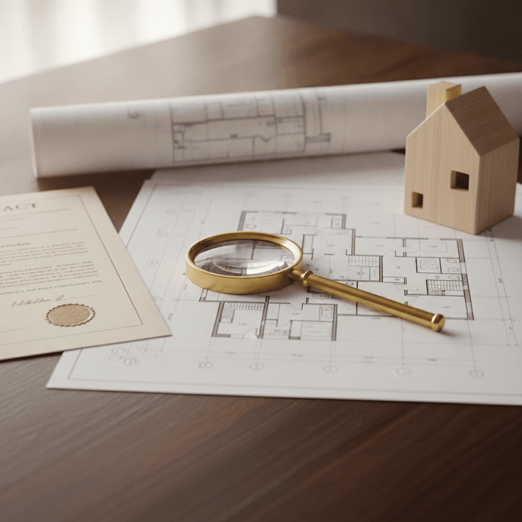 A sophisticated desktop still life with architectural blueprints, an inspection magnifying glass, and legal papers.