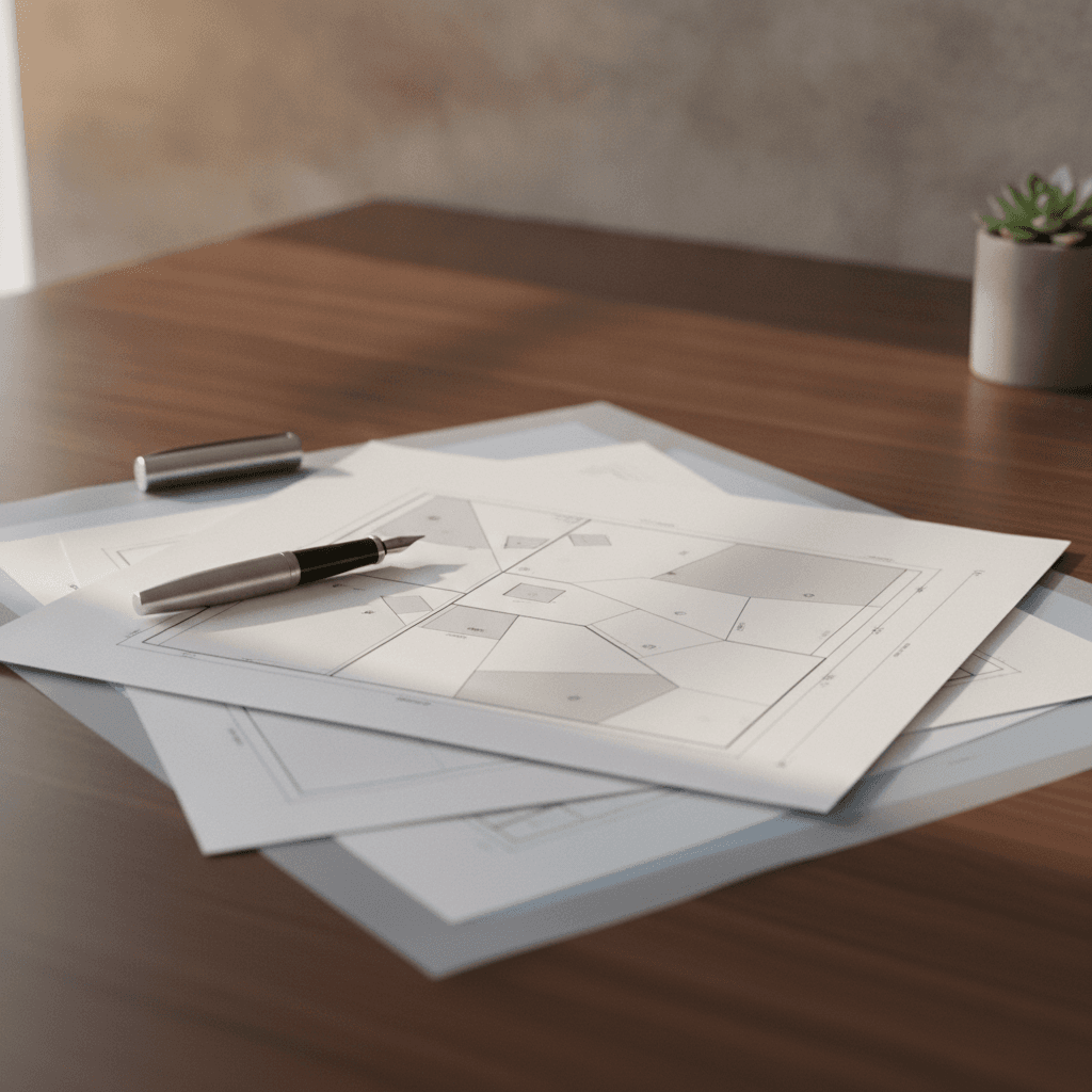 An elegant flat-lay of layered translucent land survey maps and cadastral property plans on a rich wooden desk.