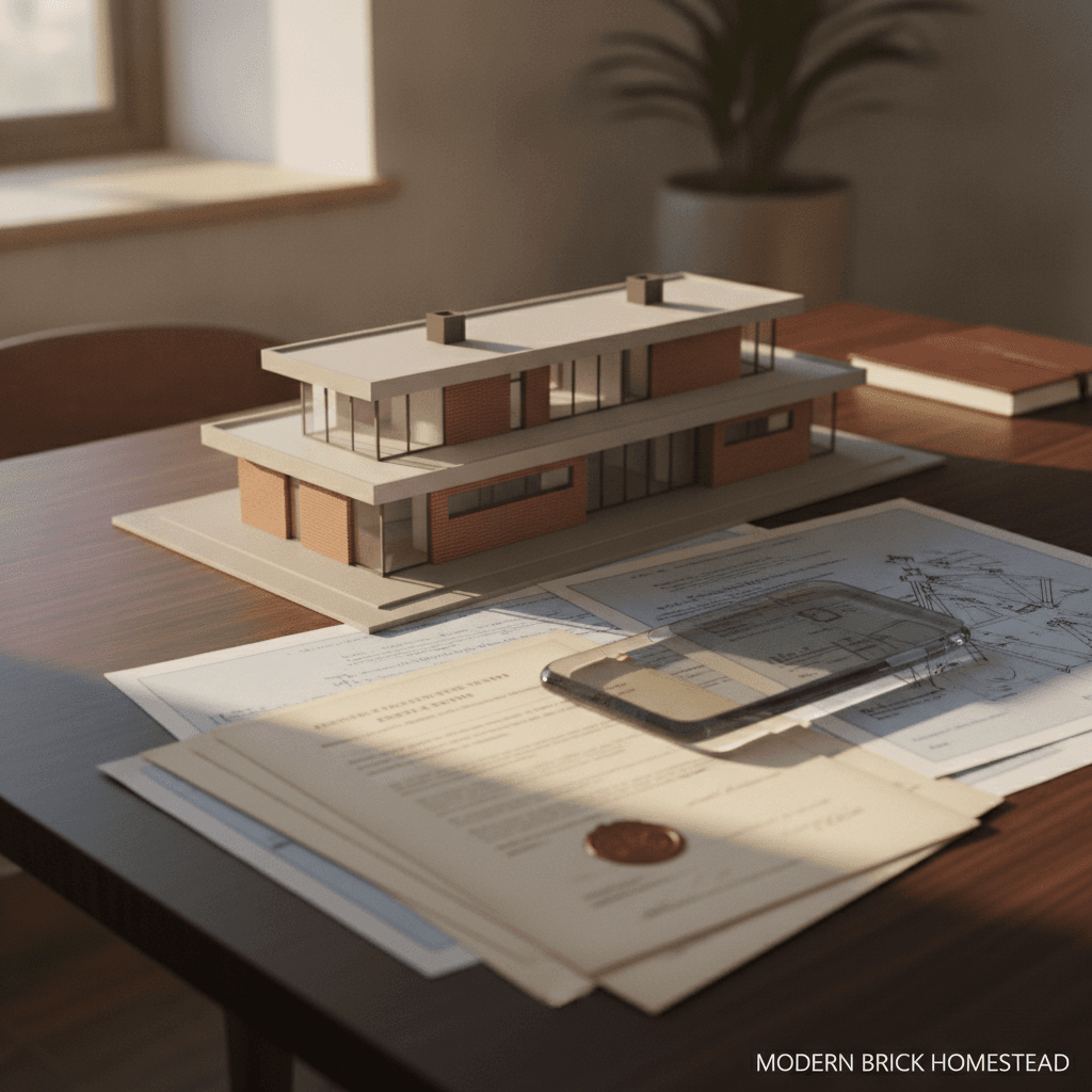 An architectural model home placed securely over legal property deeds and survey maps under soft, protective lighting.