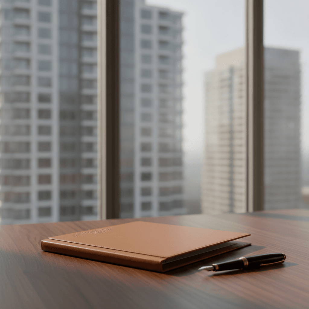 A sophisticated still life featuring real estate legal documents overlooking contemporary urban condominium towers.