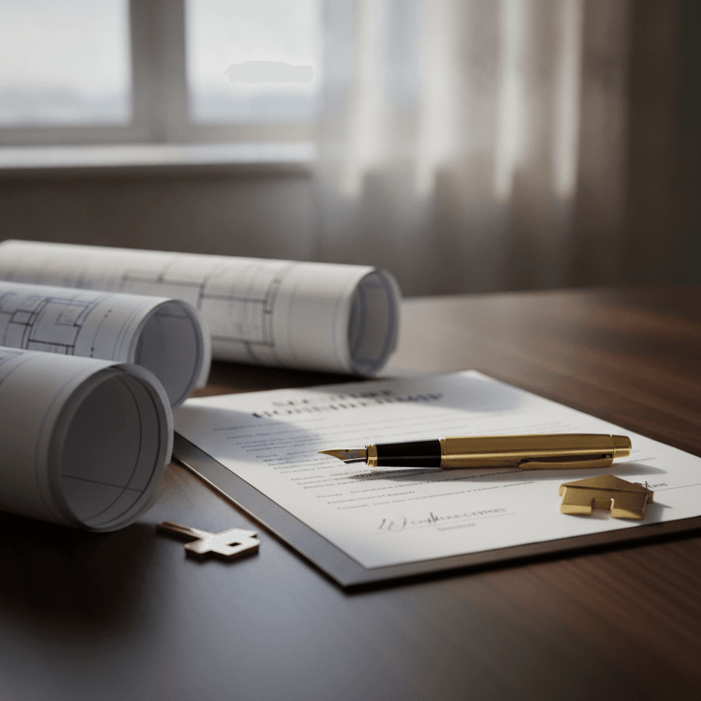 A refined, minimalist desk scene with legal documents and architectural plans bathed in soft natural light.