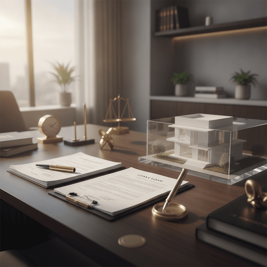 An elegant legal desk scene with formal loan documents, a fountain pen, and a minimalist architectural home model in soft morning light.