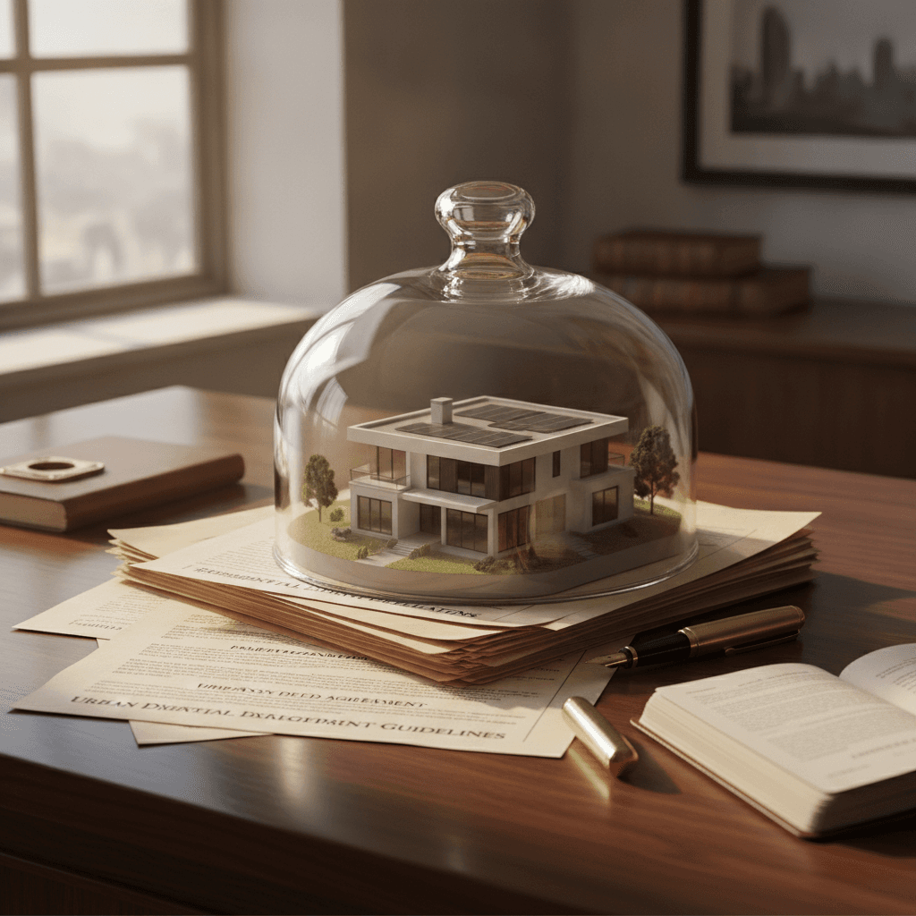 A glass-encased architectural home model resting on legal closing documents in soft natural light.