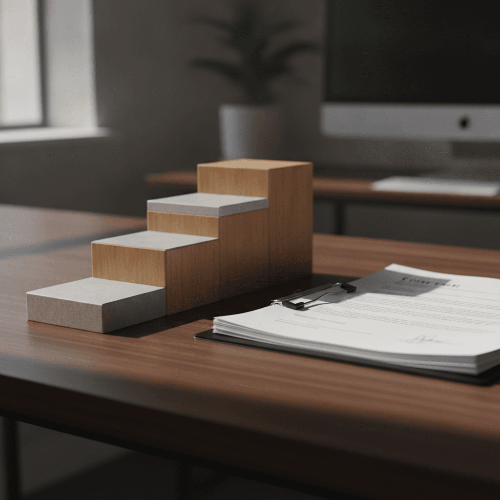 Stepped architectural home miniatures on a dark wood executive desk beside blurred legal closing documents.