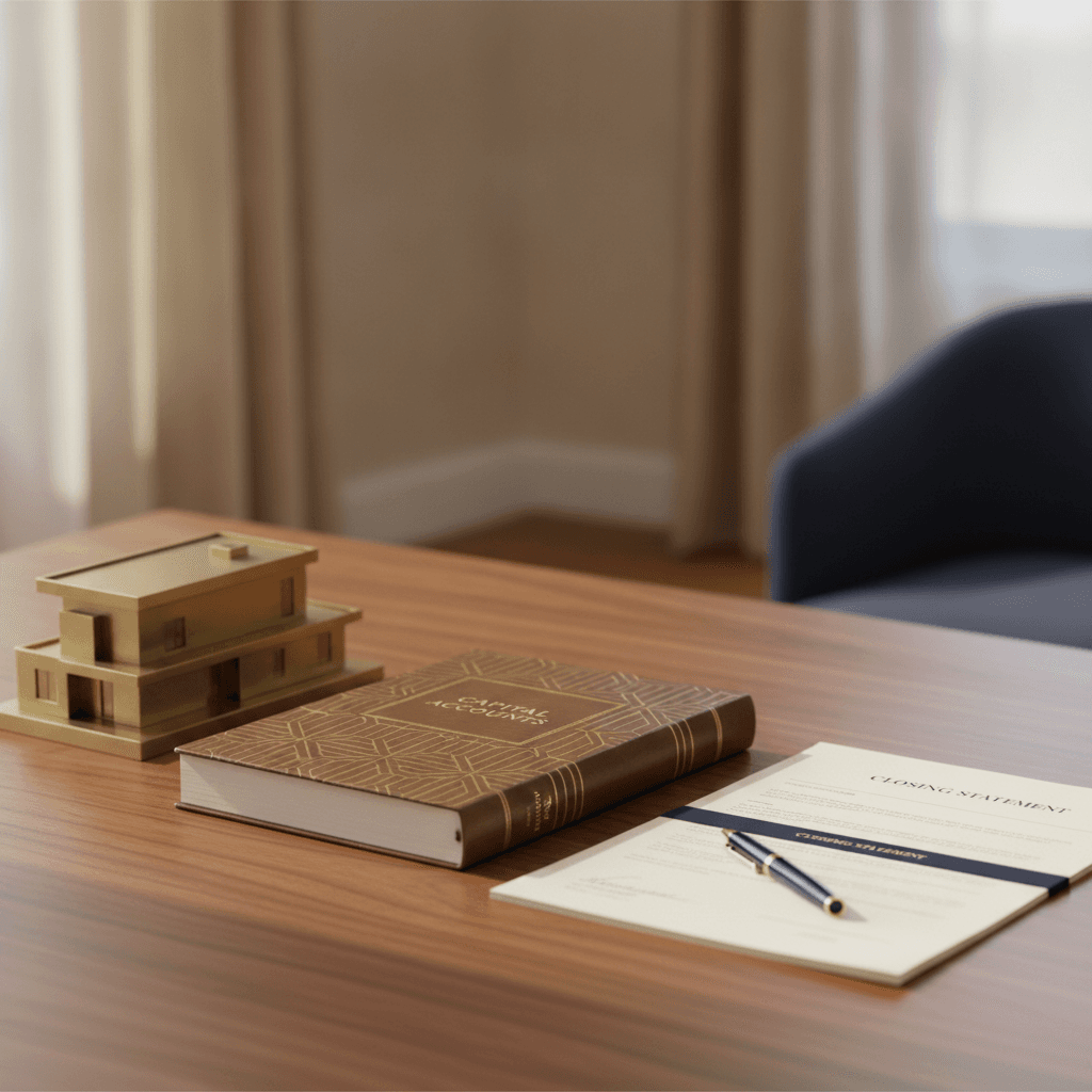 A refined tabletop scene displaying a miniature brass home model, financial ledger, and closing documents in gentle morning light.