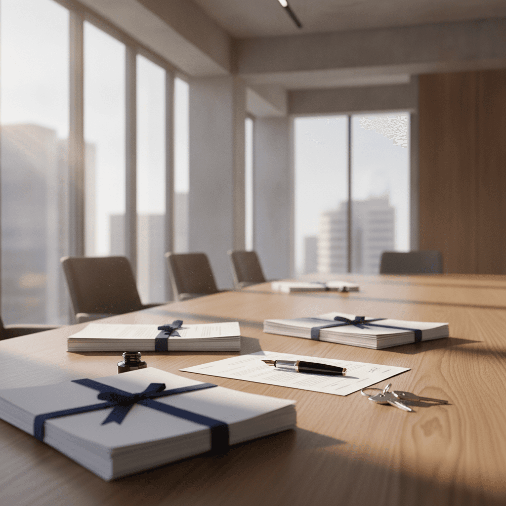 A refined, sunlit legal office desk arranged with real estate closing documents and an elegant fountain pen.