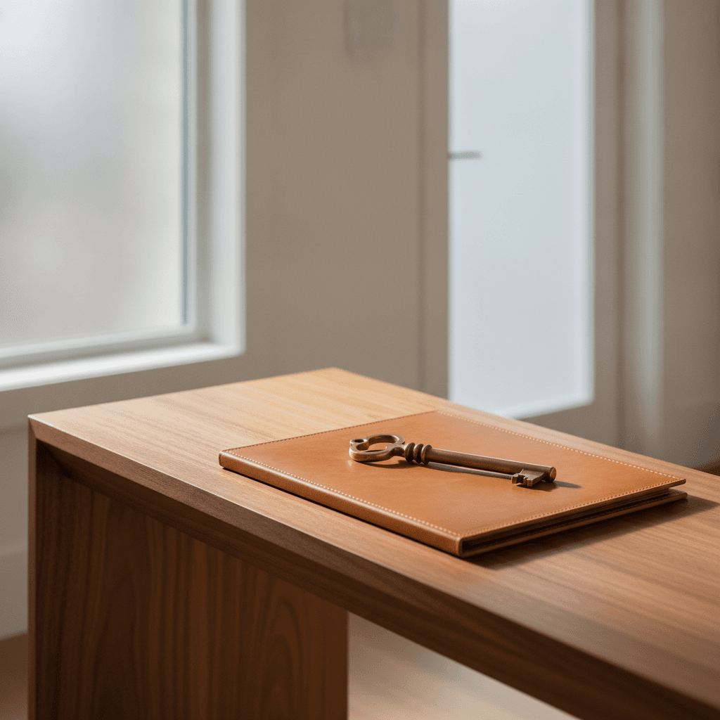 A serene, sophisticated entryway still life featuring a new brass house key resting on an elegant legal folio in morning light.