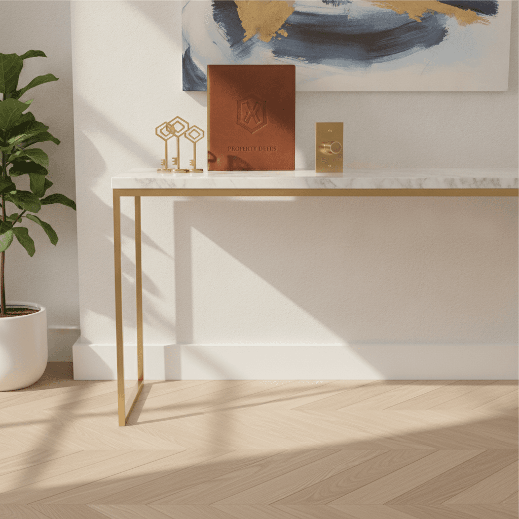 An elegant entryway console featuring new brass keys, architectural lock hardware, and legal document folders in soft morning light.