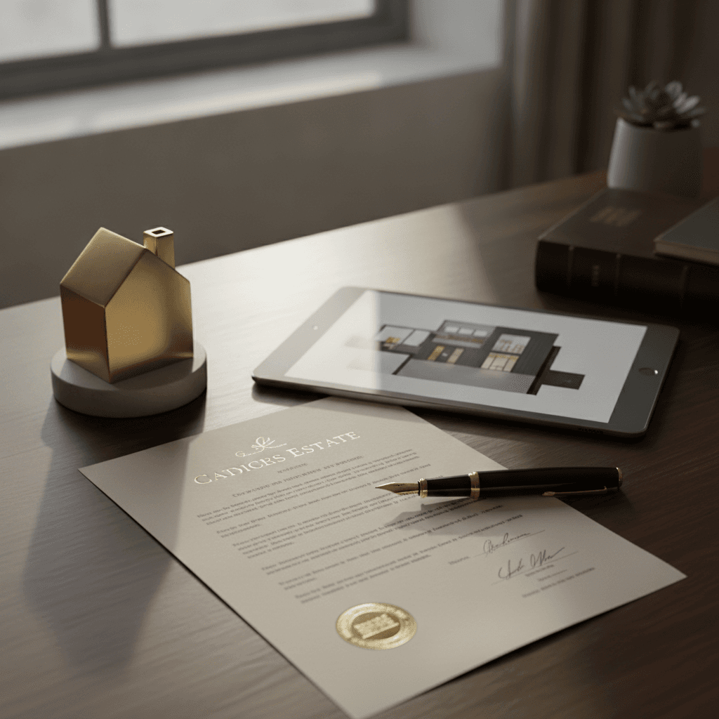 A refined, sunlit desktop arrangement featuring modern financial documents, a brass house emblem, and premium stationery.