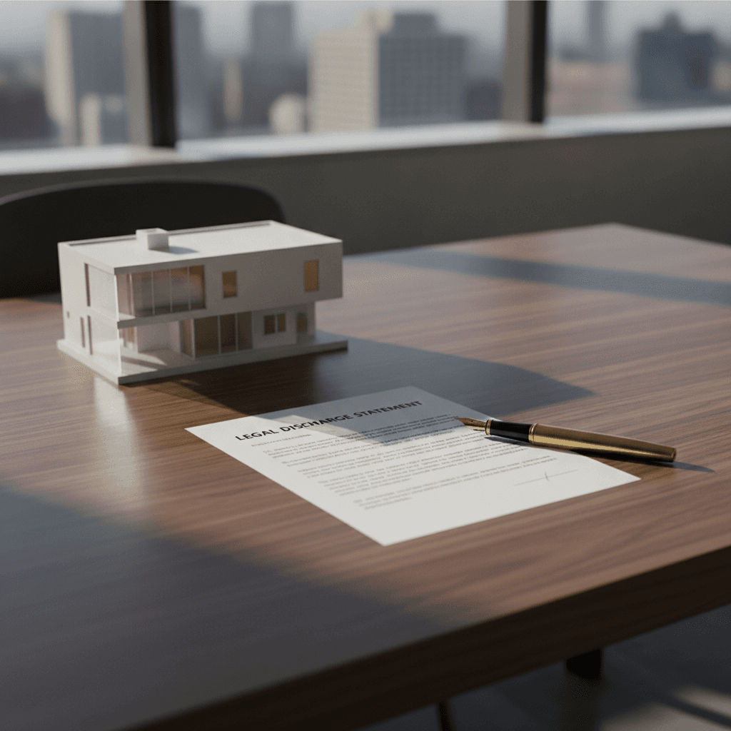 A refined executive desk setting with legal closing paperwork, a fountain pen, and an architectural home model.