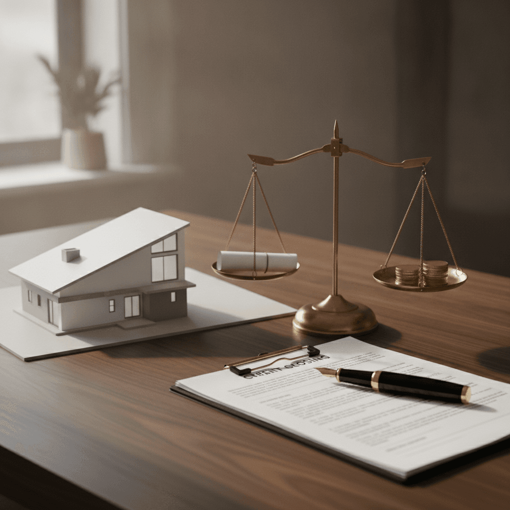 A refined editorial still life featuring an architectural home model, brass balance scale, and legal documents on a dark walnut desk.