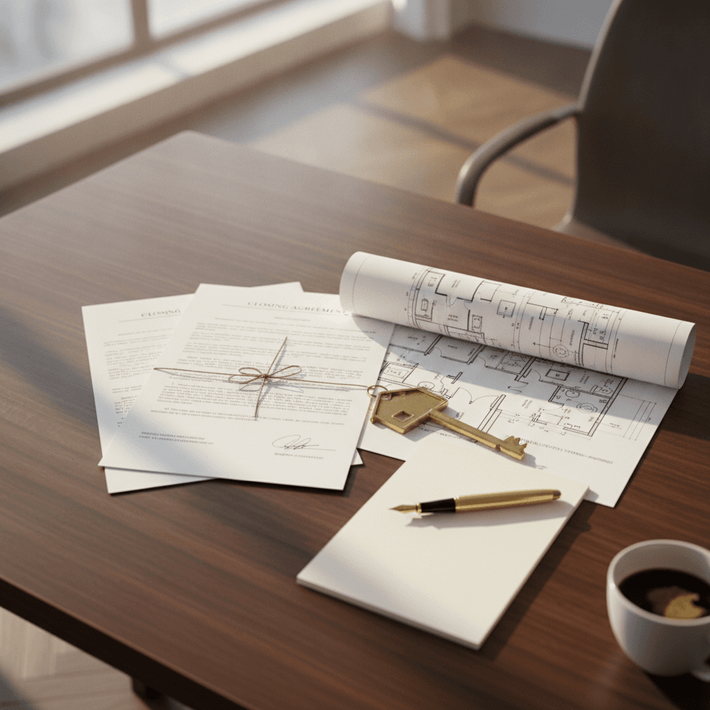 A refined desktop arrangement featuring legal real estate documents, architectural utility blueprints, and a brass key in soft morning light.