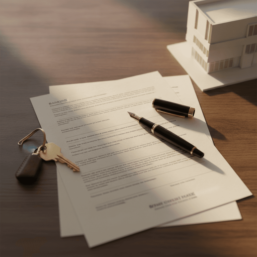 An elegant desk arrangement featuring banking documents, a fine pen, and subtle real estate accents bathed in warm morning light.