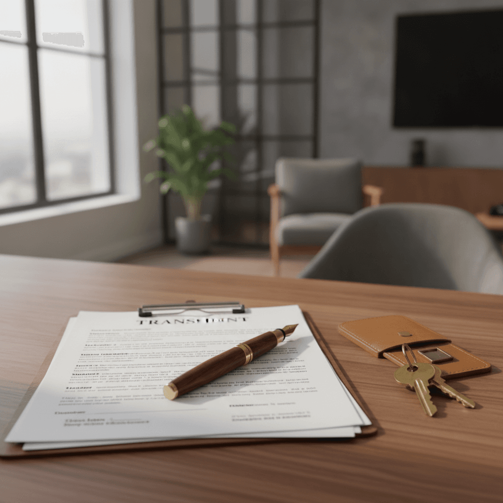 An elegant tabletop arrangement of legal closing papers, a fine pen, and house keys bathed in gentle office sunlight.