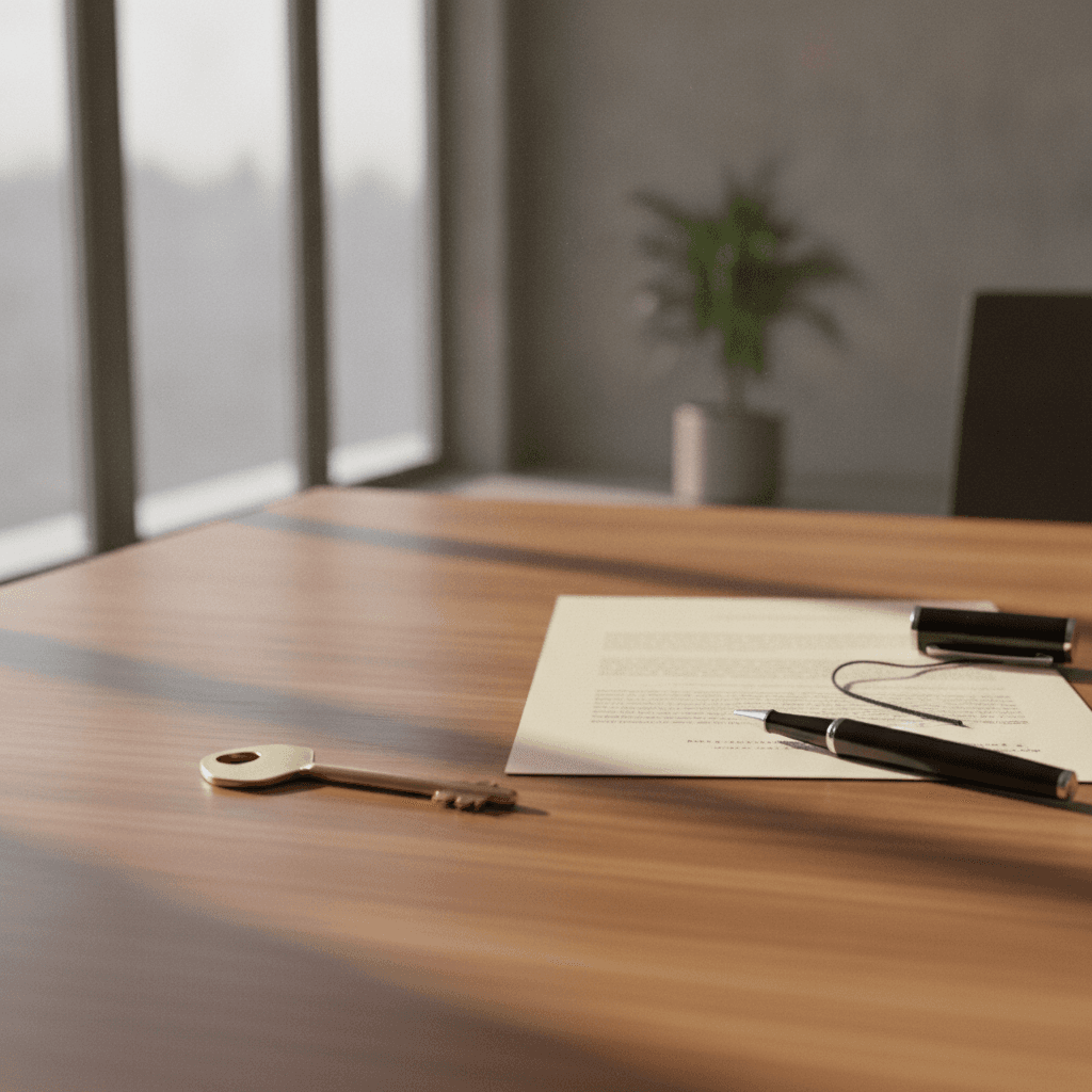 An elegant close-up of a house key and closing documents on a wooden desk bathed in soft morning light.