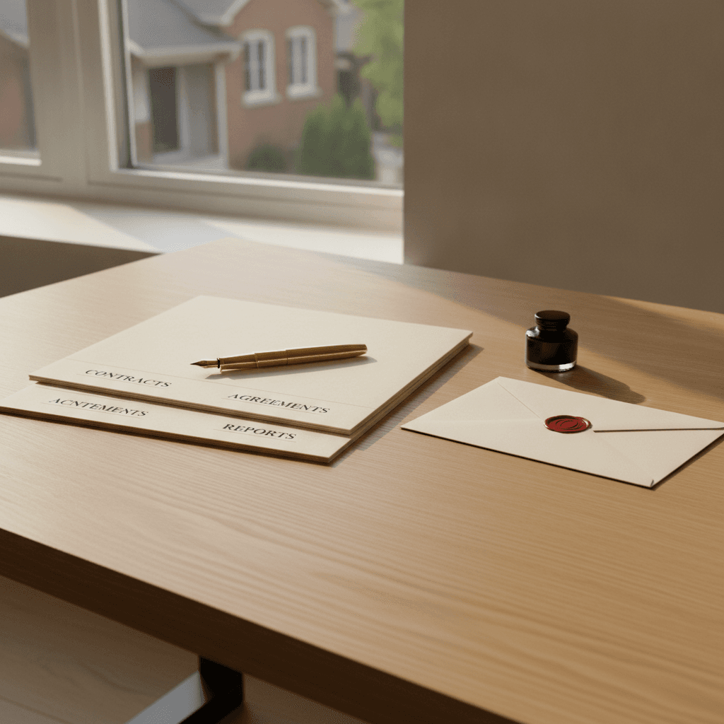 A refined, sunlit desk setting with organized legal documents and subtle architectural views representing a completed home sale.