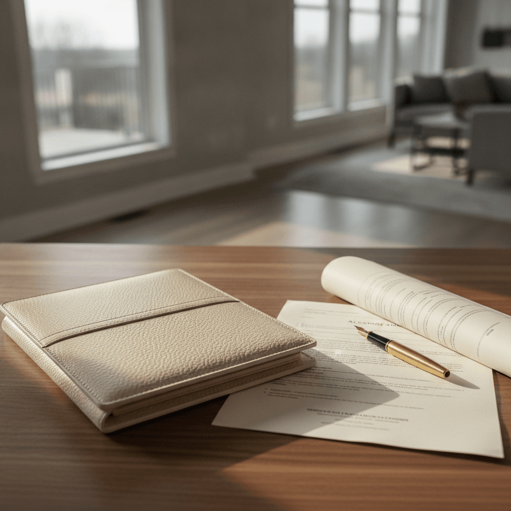 An elegant desk arrangement featuring a formal closing portfolio, fine stationery, and soft natural light.